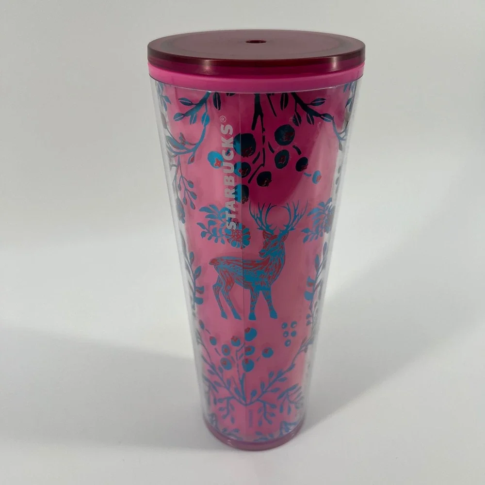 Starbucks Tumbler Pink Plastic Cold Cup 24 oz 2022 Color Changing Woodland Lace